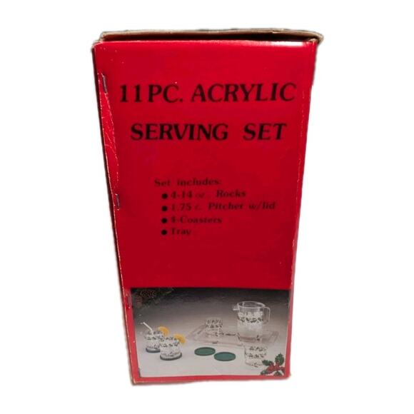 Vtg 11 Piece Acrylic Serving Set Tray Pitcher Cups Christmas Holly Leaves NOS - Picture 12 of 13